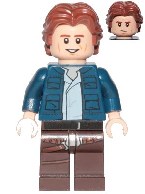 LEGO onderdeel Han Solo, Dark Brown Legs with Holster Pattern, Dark Blue Jacket, Wavy Hair, Smile / Frown (sw1021)