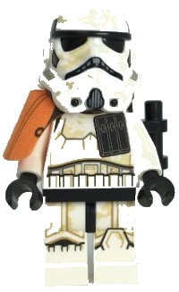 LEGO part Sandtrooper Squad Leader (Captain) - Dual Molded Helmet, Orange Pauldron, Ammo Pouch, Dirt Stains, Survival Backpack, Frown sw1132