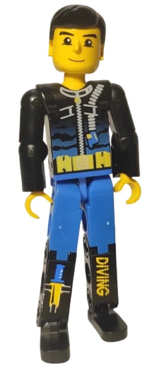 LEGO onderdeel Technic Figure Blue Legs, Black Top with Zippered Wetsuit and Knife and 'Diving' Pattern (Stickers) - Diver (tech002s)