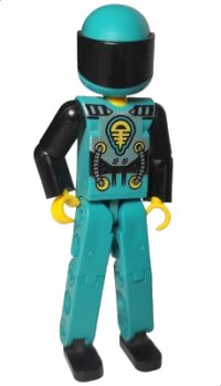 LEGO onderdeel Technic Figure Dark Turquoise Legs, Dark Turquoise Torso with Yellow, Black, Silver Pattern, Black Arms, Dark Turquoise Helmet, Black Visor tech013a