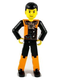 LEGO part Technic Figure Orange/Black Legs, Orange Torso with Silver Pattern, Black Arms, Black Hair tech027