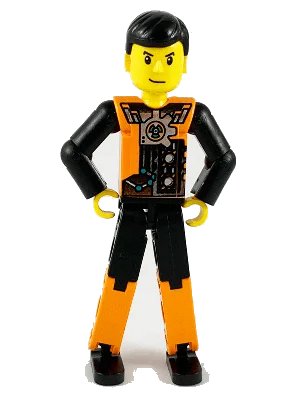 LEGO onderdeel Technic Figure Orange/Black Legs, Orange Torso with Silver Pattern, Black Arms, Black Hair (tech027)