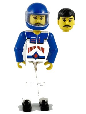 LEGO onderdeel Technic Figure White Legs, White Top with Red Arrow-Type Stripes Pattern, Blue Arms, Blue Helmet (tech037a)