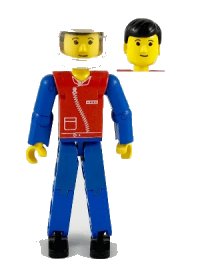 LEGO onderdeel Technic Figure Blue Legs, Red Top with Zipper, Blue Arms, Black Hair, White Helmet tech040a