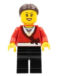 LEGO onderdeel LEGO Brand Store Female, Sweater Cropped with Bow, Heart Necklace, Black Legs, Dark Brown Hair with Bun tls088