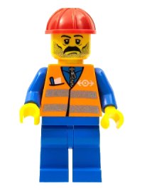 LEGO onderdeel Orange Vest with Safety Stripes - Blue Legs, Moustache, Red Construction Helmet trn001