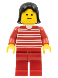 LEGO part Horizontal Lines Red - Red Arms - Red Legs, Black Female Hair trn010