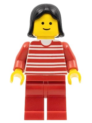 LEGO onderdeel Horizontal Lines Red - Red Arms - Red Legs, Black Female Hair (trn010)