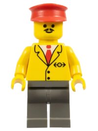 LEGO part Railway Employee 5, Dark Gray Legs, Red Hat trn061