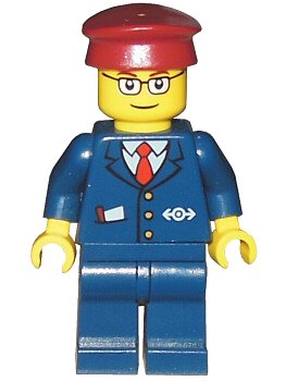 LEGO onderdeel Dark Blue Suit with Train Logo, Dark Blue Legs, Dark Red Hat, Rectangular Glasses - Passenger Train Engineer (trn115)