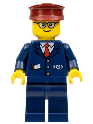 LEGO onderdeel Dark Blue Suit with Train Logo, Dark Blue Legs, Dark Red Hat, Rounded Glasses - Tram Driver (trn115a)