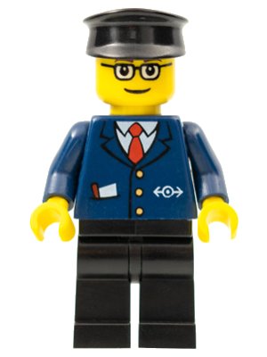 LEGO onderdeel Dark Blue Suit with Train Logo, Black Legs, Brown Eyebrows, Black Hat (trn128)