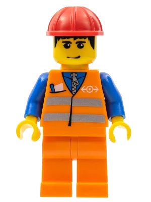 LEGO onderdeel Orange Vest with Safety Stripes - Orange Legs, Red Construction Helmet, Black Hair, Eyebrows, and Smirk (trn132)