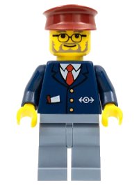 LEGO part Dark Blue Suit with Train Logo, Sand Blue Legs, Dark Red Hat - Conductor trn138