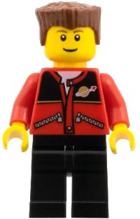 LEGO part Red Jacket with Zipper Pockets and Classic Space Logo, Black Legs, Reddish Brown Flat Top Hair trn140