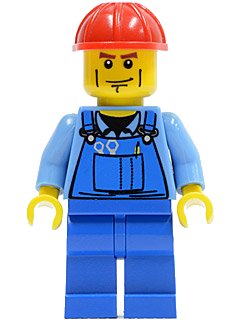 LEGO onderdeel Overalls with Tools in Pocket Blue, Red Construction Helmet, Cheek Lines (trn141)