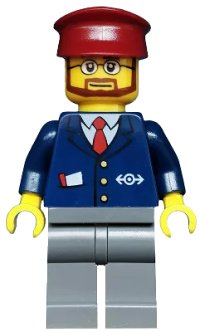 LEGO part Dark Blue Suit with Train Logo, Dark Bluish Gray Legs, Dark Red Hat, Beard and Glasses trn148