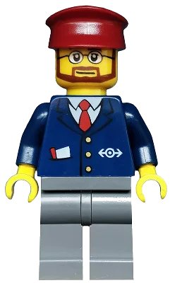 LEGO onderdeel Dark Blue Suit with Train Logo, Dark Bluish Gray Legs, Dark Red Hat, Beard and Glasses (trn148)