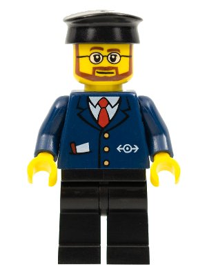 LEGO onderdeel Dark Blue Suit with Train Logo, Black Legs, Black Hat, Beard and Glasses (trn223)