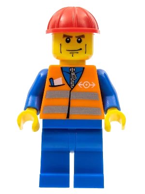 LEGO onderdeel Orange Vest with Safety Stripes - Blue Legs, Brown Eyebrows and Cheek Lines, Red Construction Helmet (trn231)