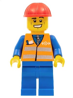 LEGO onderdeel Orange Vest with Safety Stripes - Blue Legs, Cheek Lines and Wide Grin, Red Construction Helmet (trn232)