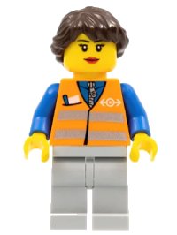 LEGO part Orange Vest with Safety Stripes - Light Bluish Gray Legs, Dark Brown Hair Ponytail Long French Braided trn233