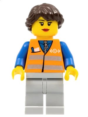 LEGO onderdeel Orange Vest with Safety Stripes - Light Bluish Gray Legs, Dark Brown Hair Ponytail Long French Braided (trn233)