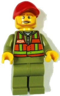 LEGO onderdeel Train Driver - Orange Safety Vest with Lime Straps, Olive Green Legs, Red Cap with Hole, Beard Dark Tan Angular trn244
