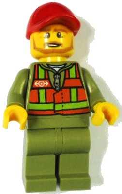 LEGO onderdeel Train Driver - Orange Safety Vest with Lime Straps, Olive Green Legs, Red Cap with Hole, Beard Dark Tan Angular (trn244)