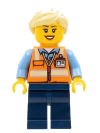 LEGO part Train Worker - Female, Orange Safety Vest with Badge, Dark Blue Legs, Bright Light Yellow Ponytail and Swept Sideways Fringe trn245
