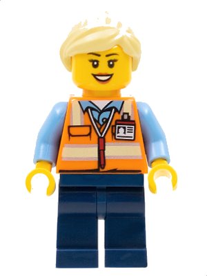 LEGO onderdeel Train Worker - Female, Orange Safety Vest with Badge, Dark Blue Legs, Bright Light Yellow Ponytail and Swept Sideways Fringe (trn245)