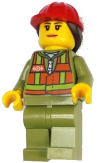LEGO part Train Worker - Female, Orange Safety Vest with Lime Straps, Olive Green Legs, Red Construction Helmet with Dark Brown Ponytail Hair trn246