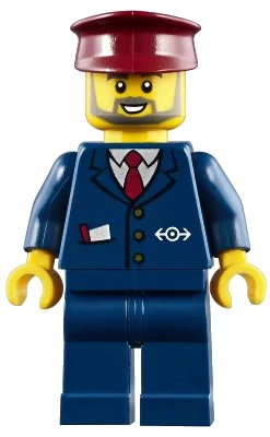 LEGO onderdeel Dark Blue Suit with Train Logo, Dark Blue Legs, Dark Red Hat, Gray Beard (trn248)