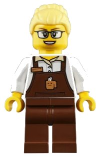 LEGO onderdeel Barista - Female, Reddish Brown Apron with Cup and Name Tag, Reddish Brown Legs, Bright Light Yellow Hair, Glasses trn249