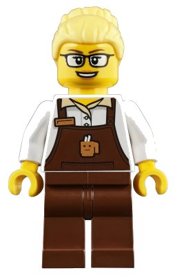 LEGO onderdeel Barista - Female, Reddish Brown Apron with Cup and Name Tag, Reddish Brown Legs, Bright Light Yellow Hair, Glasses (trn249)