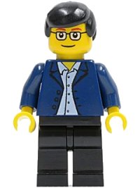 LEGO part Dark Blue Jacket, Light Blue Shirt, Black Legs, Square Glasses, Black Male Hair twn020