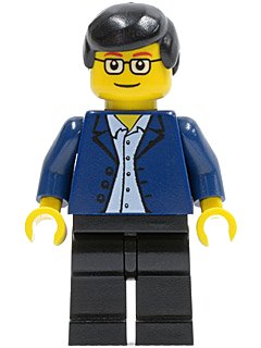 LEGO onderdeel Dark Blue Jacket, Light Blue Shirt, Black Legs, Square Glasses, Black Male Hair (twn020)