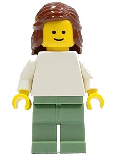 LEGO onderdeel Plain White Torso with White Arms, Sand Green Legs, Reddish Brown Female Hair Mid-Length (twn073)