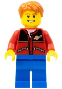LEGO part Red Jacket with Zipper Pockets and Classic Space Logo, Blue Legs, Dark Orange Short Tousled Hair twn097