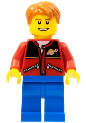 LEGO onderdeel Red Jacket with Zipper Pockets and Classic Space Logo, Blue Legs, Dark Orange Short Tousled Hair (twn097)