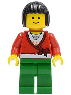 LEGO onderdeel Sweater Cropped with Bow, Heart Necklace, Green Legs, Black Bob Cut Hair (twn103)