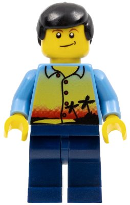LEGO onderdeel Sunset and Palm Trees - Male, Dark Blue Legs, Black Male Hair, Lopsided Smile (twn107)