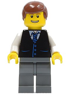 LEGO onderdeel Black Vest with Blue Striped Tie, Dark Bluish Gray Legs, White Arms, Reddish Brown Male Hair (twn108)