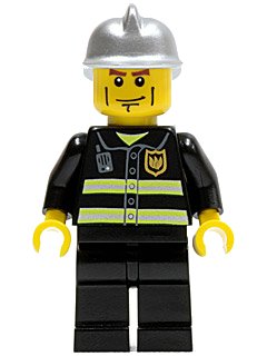 LEGO onderdeel Fire - Reflective Stripes, Black Legs, Silver Fire Helmet, Cheek Lines, Yellow Hands (twn175)