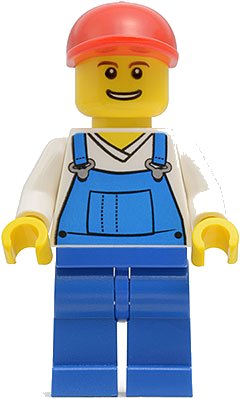 LEGO onderdeel Overalls Blue over V-Neck Shirt, Blue Legs, Red Short Bill Cap, Grin with Teeth (twn216)