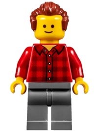 LEGO part Music Store Assistant - Male, Red Plaid Flannel Shirt, Dark Bluish Gray Legs, Reddish Brown Hair twn274