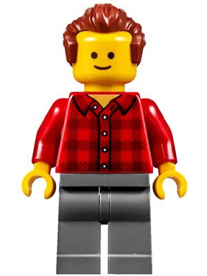 LEGO onderdeel Music Store Assistant - Male, Red Plaid Flannel Shirt, Dark Bluish Gray Legs, Reddish Brown Hair (twn274)