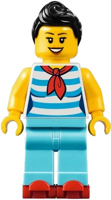 LEGO onderdeel Downtown Diner Waitress - Female, Dark Azure and White Striped Shirt with Red Scarf, Medium Azure Legs, Black Ponytail, Red Roller Skates (twn312)