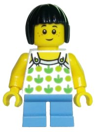 LEGO part Child - Girl, White Halter Top with Green Apples and Lime Spots, Medium Blue Short Legs, Black Bob Cut Hair, Freckles twn322
