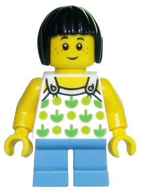 LEGO onderdeel Child - Girl, White Halter Top with Green Apples and Lime Spots, Medium Blue Short Legs, Black Bob Cut Hair, Freckles (twn322)